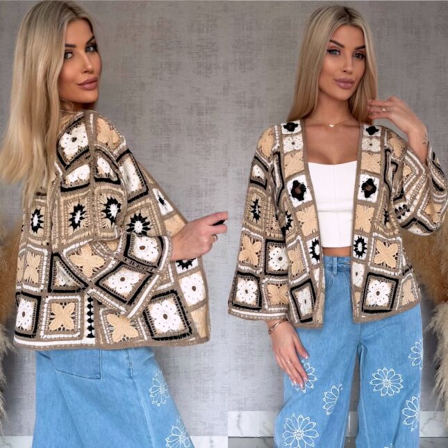 Krótki szydełkowy kardigan ONE SIZE beżowy - R750