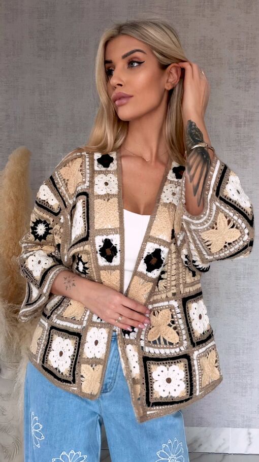 Krótki szydełkowy kardigan ONE SIZE beżowy - R750