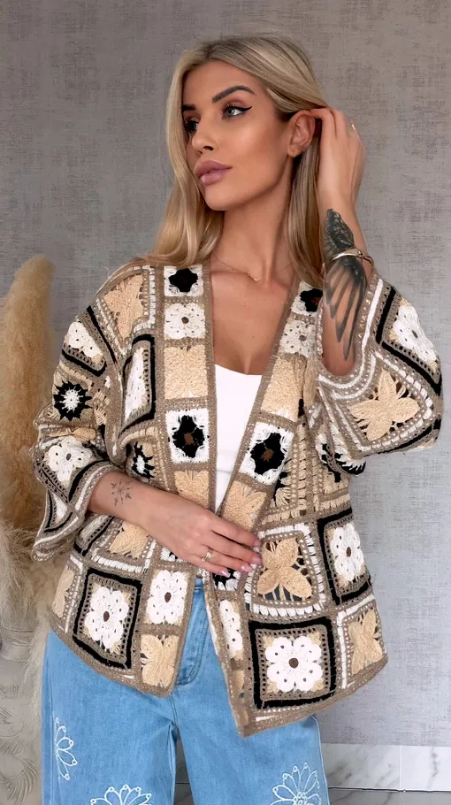 Krótki szydełkowy kardigan ONE SIZE beżowy - R750