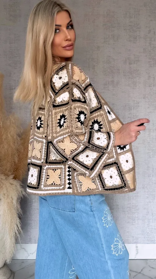 Krótki szydełkowy kardigan ONE SIZE beżowy - R750