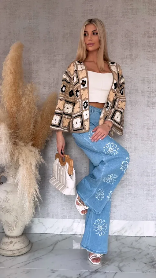 Krótki szydełkowy kardigan ONE SIZE beżowy - R750