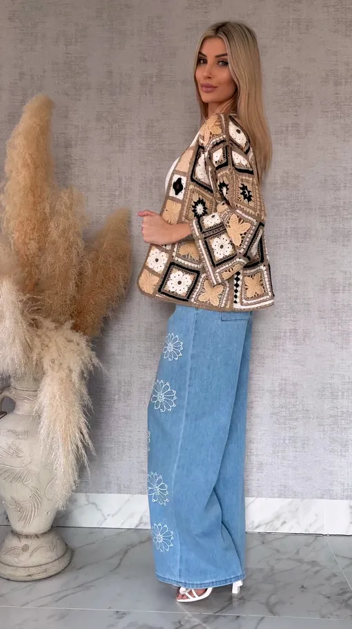 Krótki szydełkowy kardigan ONE SIZE beżowy - R750