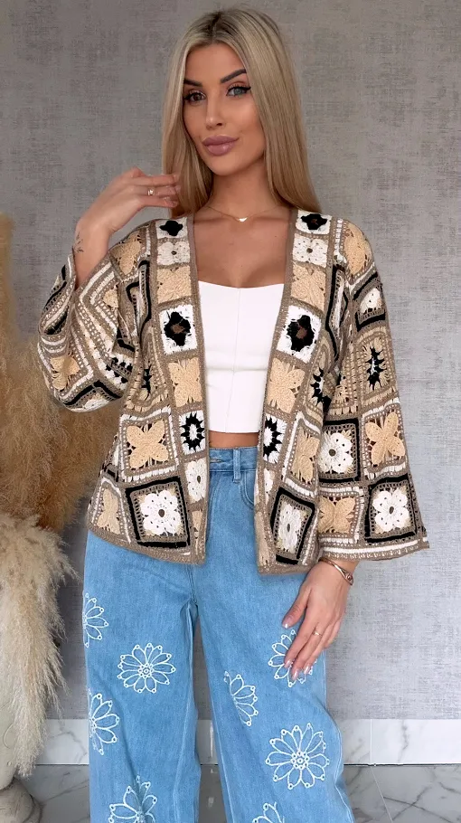 Krótki szydełkowy kardigan ONE SIZE beżowy - R750