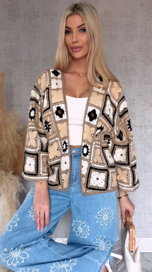 Krótki szydełkowy kardigan ONE SIZE beżowy - R750