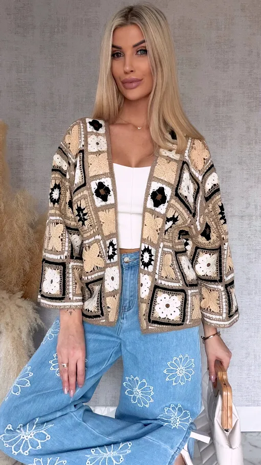 Krótki szydełkowy kardigan ONE SIZE beżowy - R750