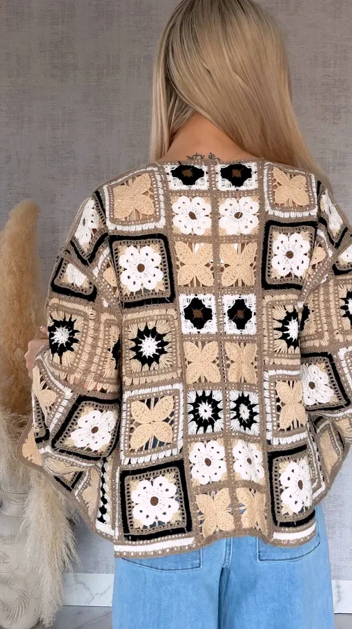 Krótki szydełkowy kardigan ONE SIZE beżowy - R750