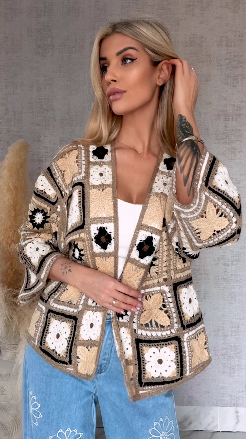 Krótki szydełkowy kardigan ONE SIZE beżowy - R750