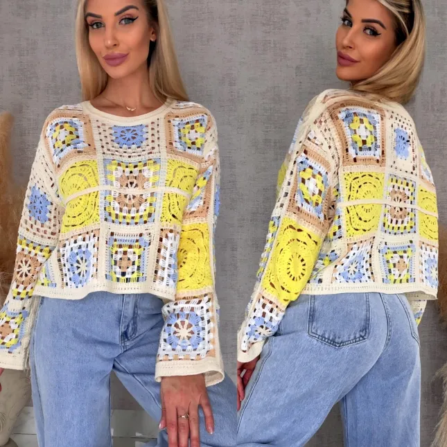 Wiosenny ażurowy sweterek w szydełkowym stylu KANARKOWY z niebieskim - R690C