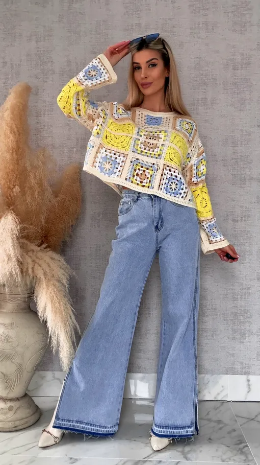 Wiosenny ażurowy sweterek w szydełkowym stylu KANARKOWY z niebieskim - R690C