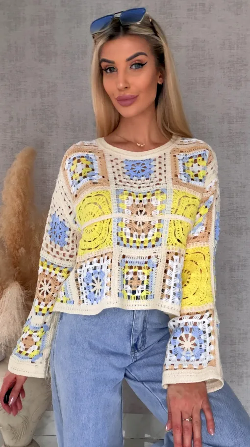 Wiosenny ażurowy sweterek w szydełkowym stylu KANARKOWY z niebieskim - R690C