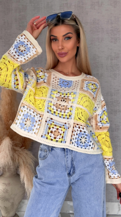 Wiosenny ażurowy sweterek w szydełkowym stylu KANARKOWY z niebieskim - R690C