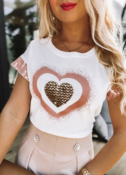 Bluzka t-shirt ozdobne rękawy WHITE ceglane serce - K186A