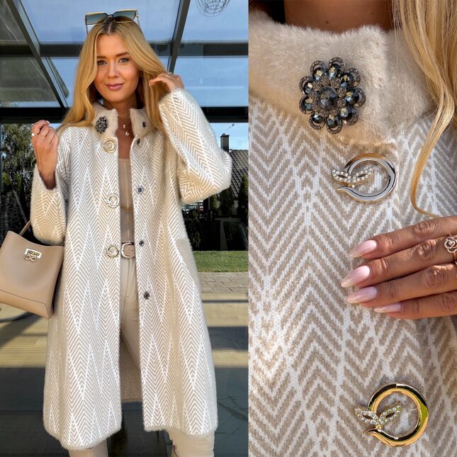 Elegancki beżowy płaszcz ALPAKA w jodełkę ONE SIZE - S282
