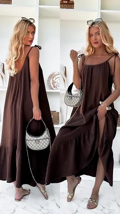 Czekoladowa muślinowa sukienka MAXI z wiązanymi ramiączkami ONE SIZE - P859A