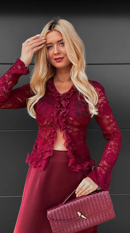 Bordowa bluzka z koronki zapinania na guziki ONE SIZE - R074