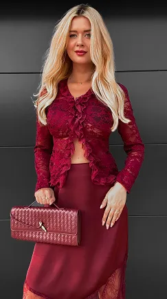 Bordowa bluzka z koronki zapinania na guziki ONE SIZE - R074