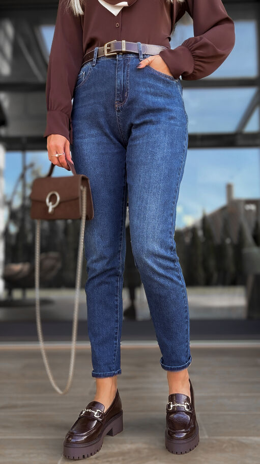 Super elastyczne spodnie jeansowe MOM FIT z paskiem - R132