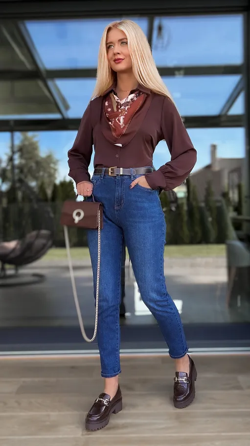 Super elastyczne spodnie jeansowe MOM FIT z paskiem - R132