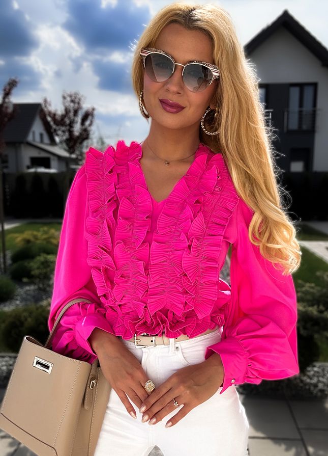 Różowa bluzka damska z ozdobnym dekoltem - L703B