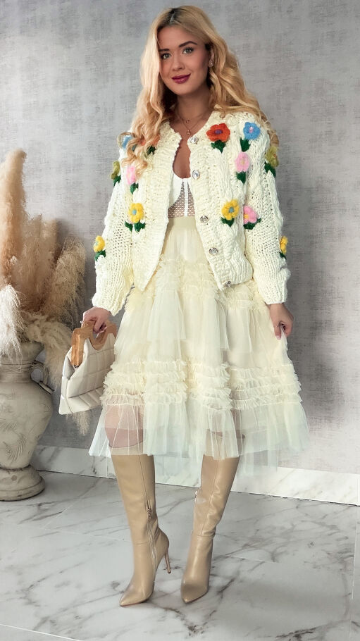 Ekskluzywny grubo pleciony sweter w kolorowe kwiaty ONE SIZE - R414