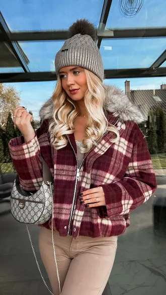 Modowa kurtka flanelowa w bordową kratę z futerkiem ONE SIZE - R248A