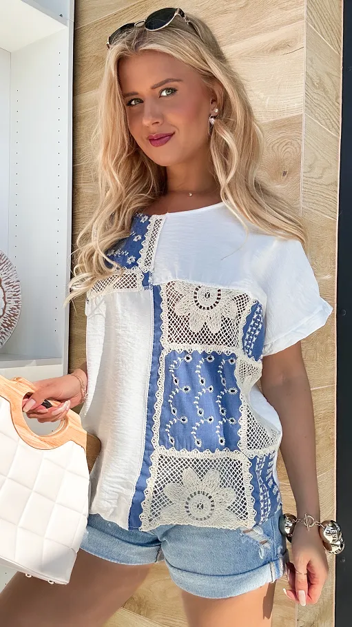 Luźna letnia bluzka z szydełkowymi i jeansowymi wstawkami ONE SIZE - P910