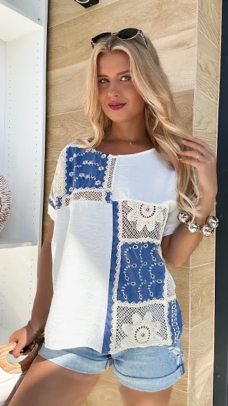 Luźna letnia bluzka z szydełkowymi i jeansowymi wstawkami ONE SIZE - P910