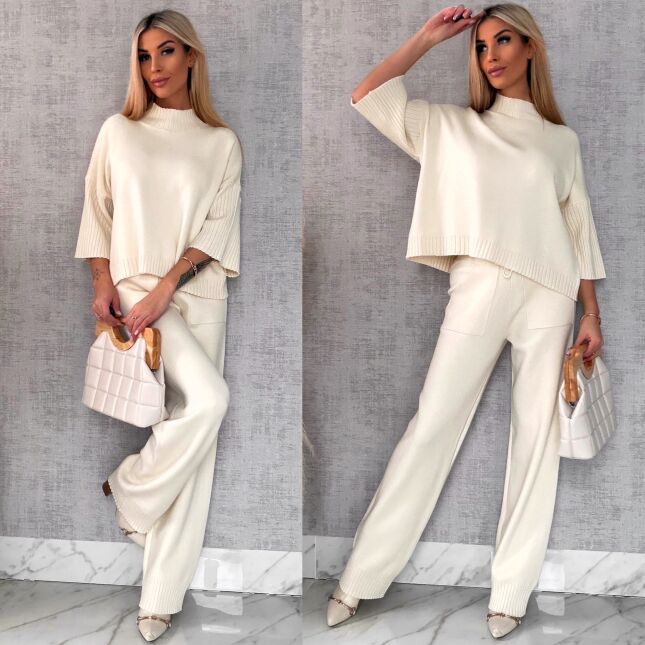 Idealny wiosenny komplet dzianinowy ECRU sweter + spodnie ONE SIZE - R653