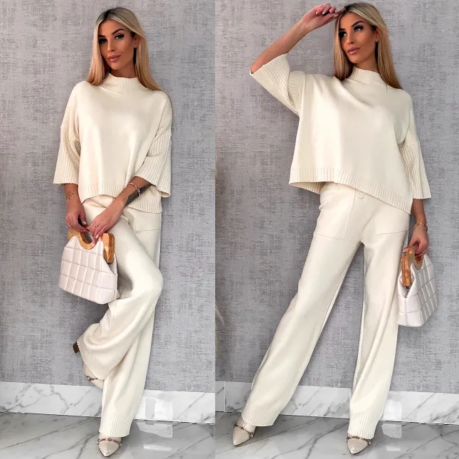 Idealny wiosenny komplet dzianinowy ECRU sweter + spodnie ONE SIZE - R653