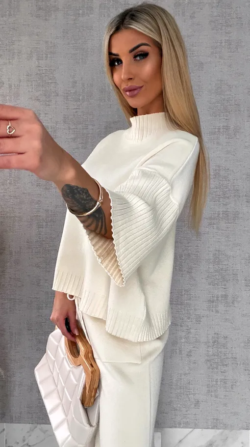 Idealny wiosenny komplet dzianinowy ECRU sweter + spodnie ONE SIZE - R653