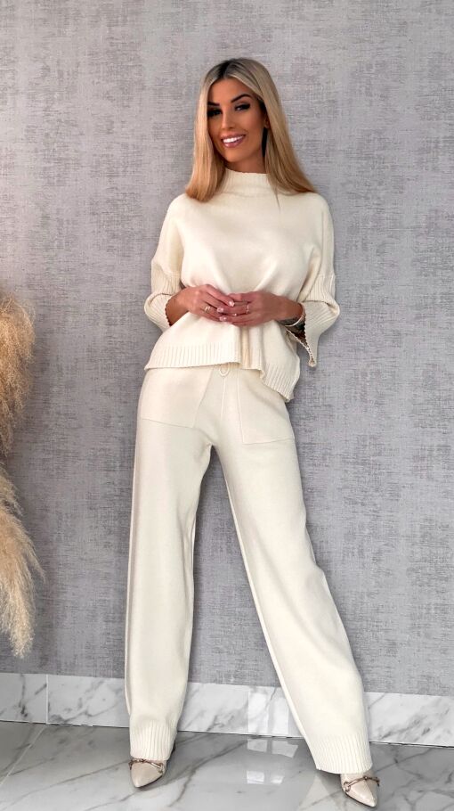 Idealny wiosenny komplet dzianinowy ECRU sweter + spodnie ONE SIZE - R653
