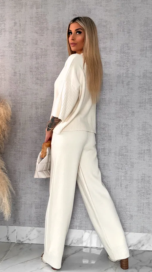 Idealny wiosenny komplet dzianinowy ECRU sweter + spodnie ONE SIZE - R653