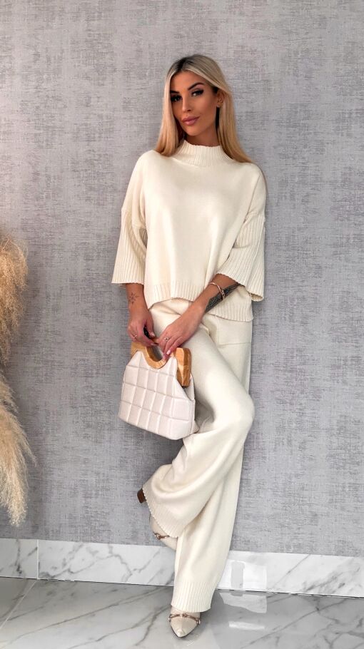 Idealny wiosenny komplet dzianinowy ECRU sweter + spodnie ONE SIZE - R653