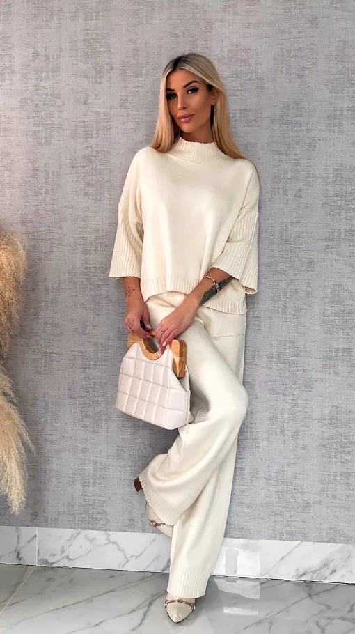 Idealny wiosenny komplet dzianinowy ECRU sweter + spodnie ONE SIZE - R653