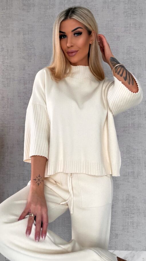 Idealny wiosenny komplet dzianinowy ECRU sweter + spodnie ONE SIZE - R653