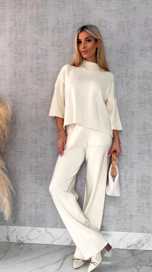 Idealny wiosenny komplet dzianinowy ECRU sweter + spodnie ONE SIZE - R653