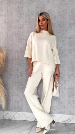 Idealny wiosenny komplet dzianinowy ECRU sweter + spodnie ONE SIZE - R653