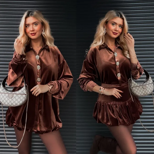 Brązowy aksamitny komplet koszula + spódniczka - R372A