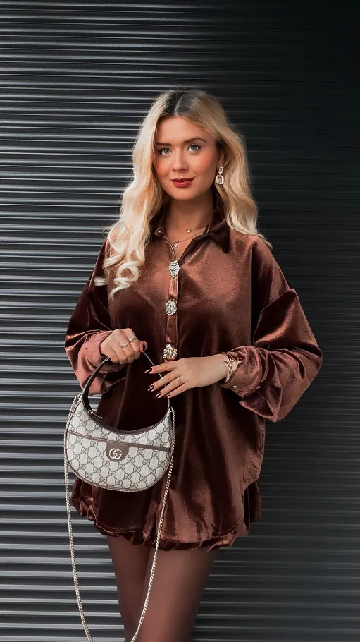 Brązowy aksamitny komplet koszula + spódniczka - R372A