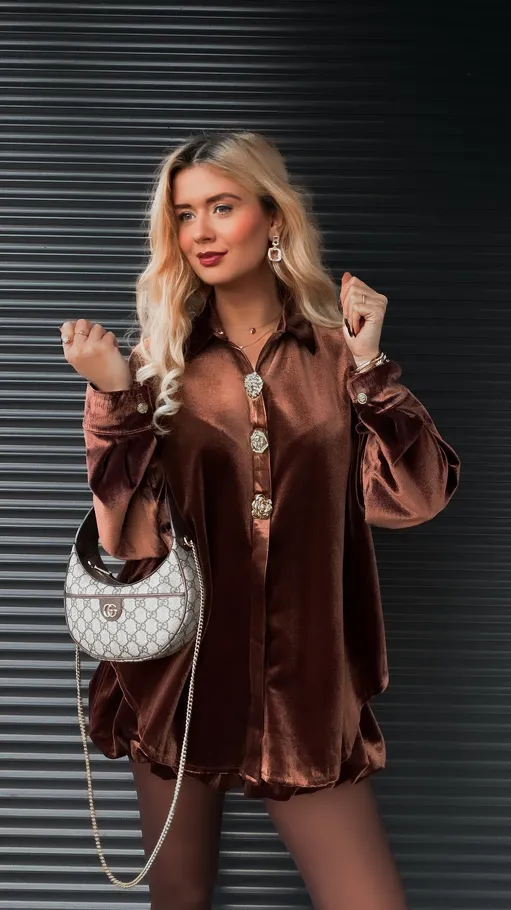 Brązowy aksamitny komplet koszula + spódniczka - R372A