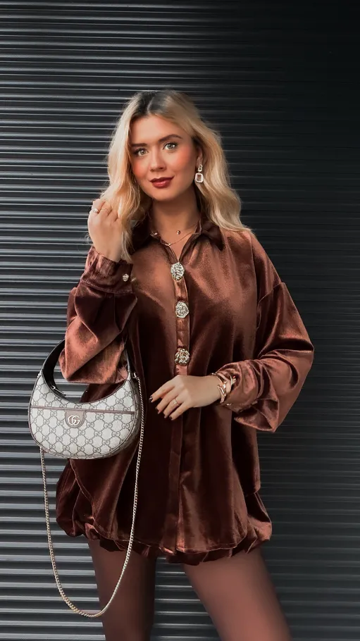 Brązowy aksamitny komplet koszula + spódniczka - R372A