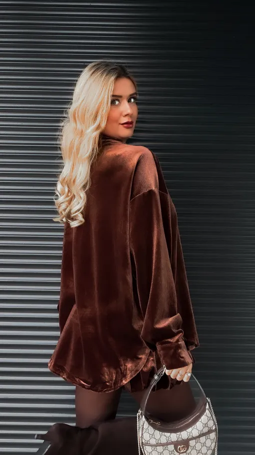Brązowy aksamitny komplet koszula + spódniczka - R372A