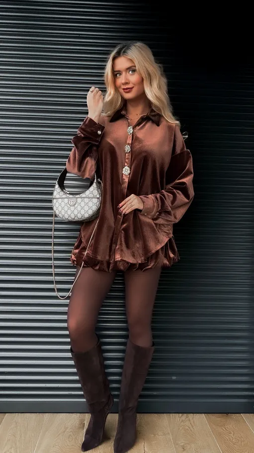 Brązowy aksamitny komplet koszula + spódniczka - R372A