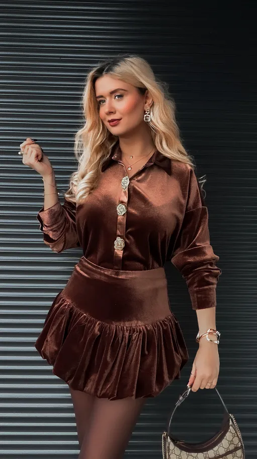 Brązowy aksamitny komplet koszula + spódniczka - R372A