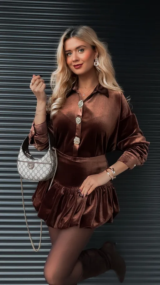 Brązowy aksamitny komplet koszula + spódniczka - R372A