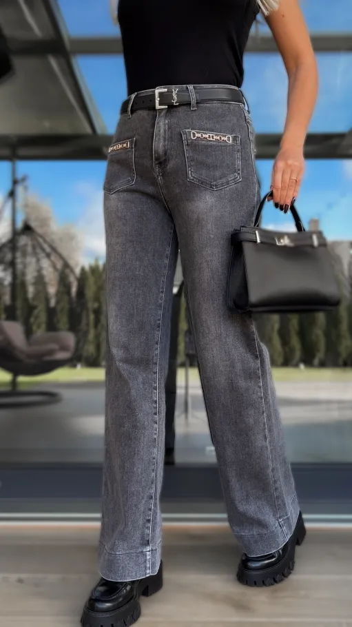 Szare spodnie jeansowe WIDE LEG FIT bardzo elastyczne - R237