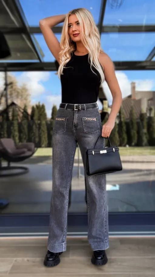 Szare spodnie jeansowe WIDE LEG FIT bardzo elastyczne - R237