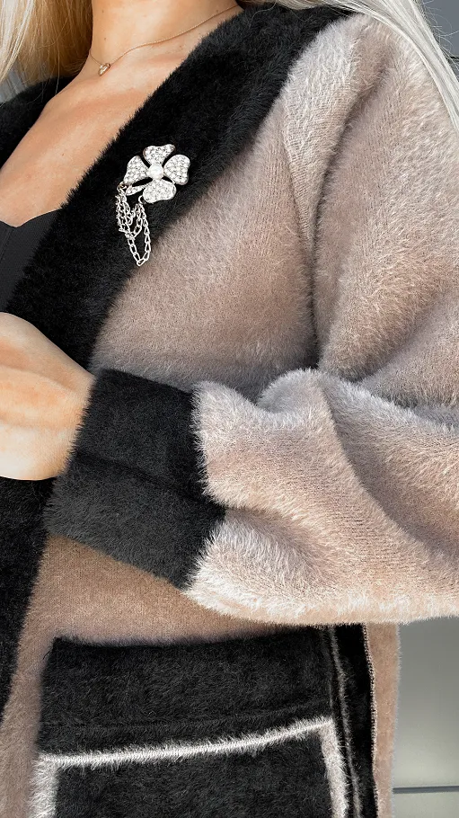 Ekskluzywny dwustronny płaszcz ALPAKA z kamizelką ONE SIZE czarny/beż - R045A
