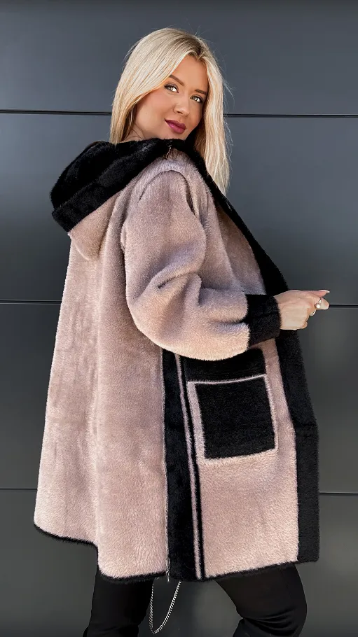 Ekskluzywny dwustronny płaszcz ALPAKA z kamizelką ONE SIZE czarny/beż - R045A