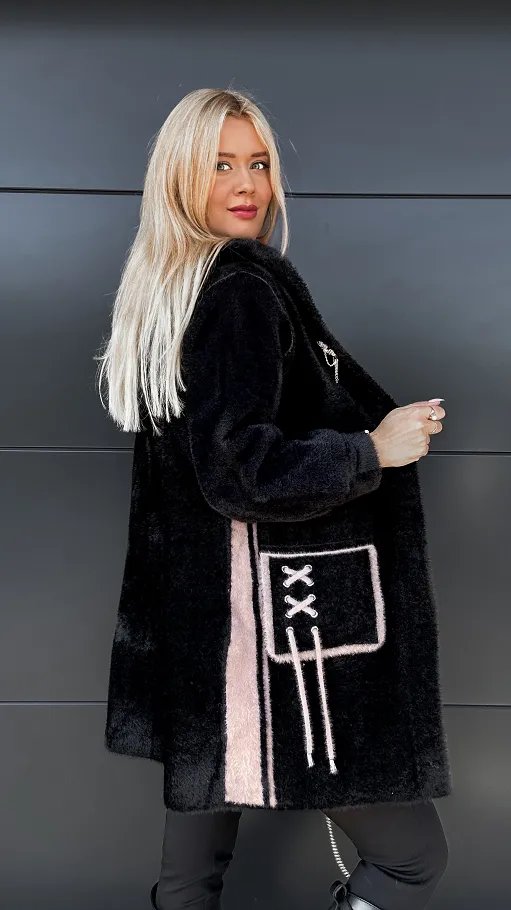 Ekskluzywny dwustronny płaszcz ALPAKA z kamizelką ONE SIZE czarny/beż - R045A
